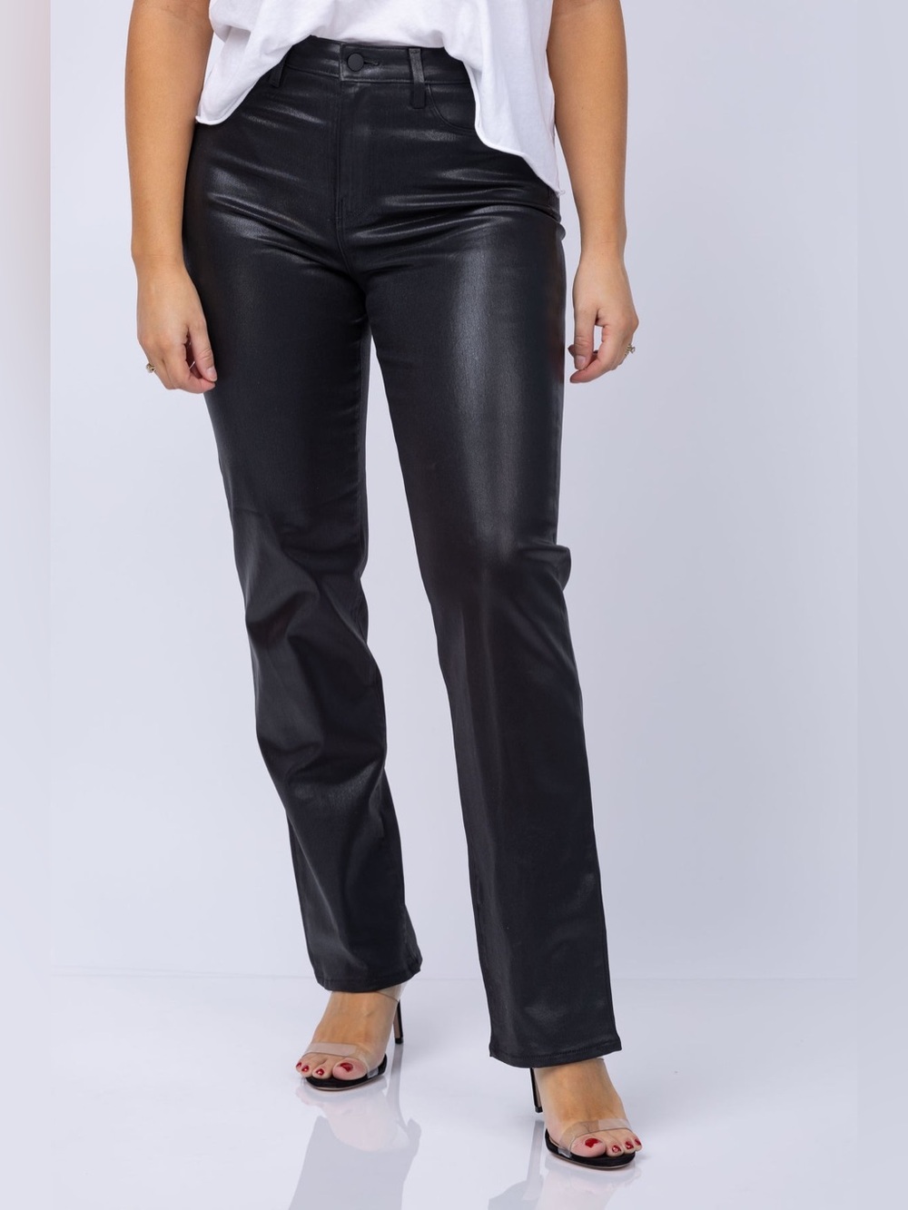 L'AGENCE Ginny High Rise Back Zip Pants in Noir Coated